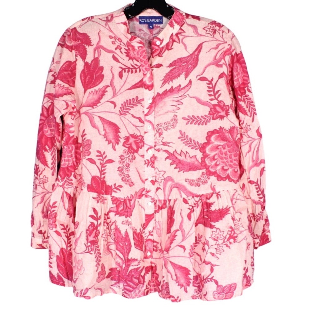 RO'S GARDEN Pink TWILL Button-Up FLORAL Ruffle Peplum CHANDERI TOP/SHIRT Sz XS